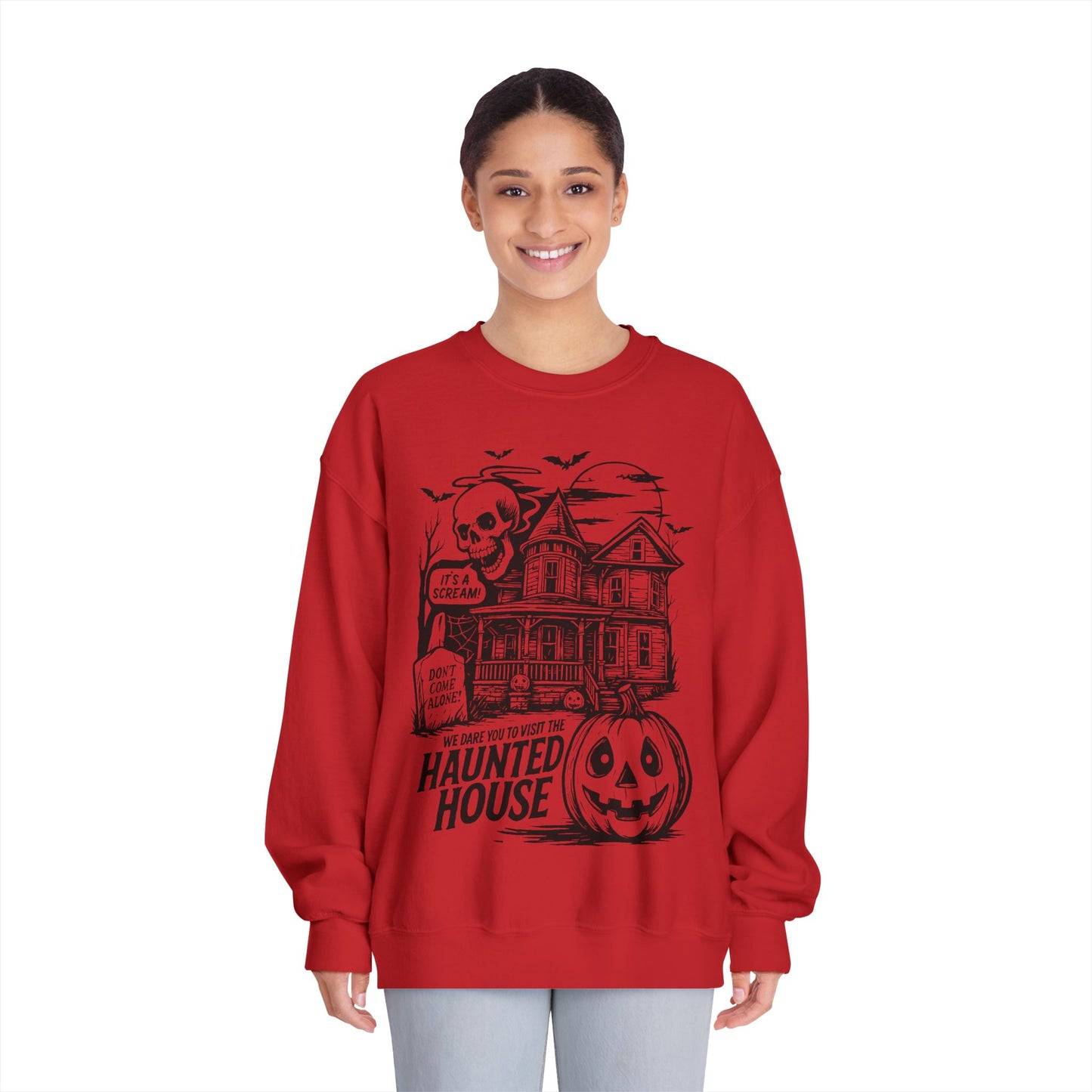 Spooky Haunted House Sweatshirt, Halloween Apparel, Unisex Crewneck, Ghostly Vibes, Cozy Fall Fashion, Halloween Gift