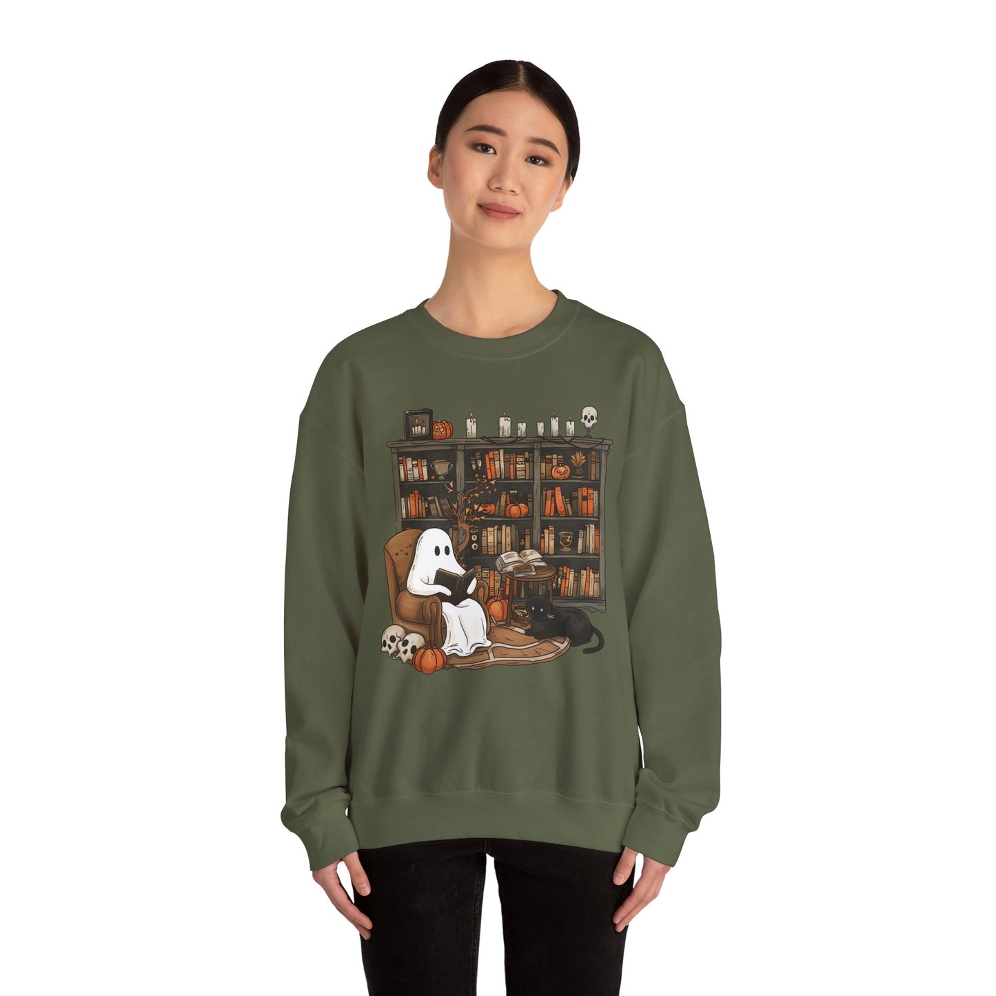 Cozy Ghost Library Crewneck Sweatshirt - Perfect for Halloween and Fall