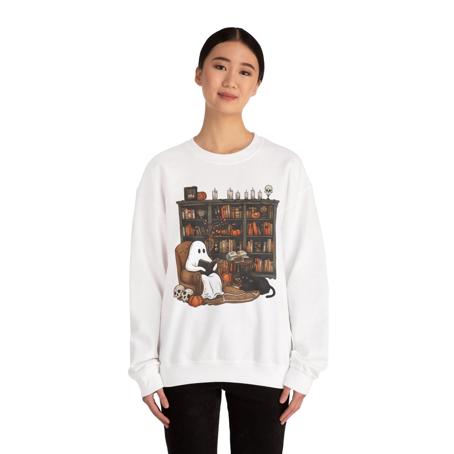 Cozy Ghost Library Crewneck Sweatshirt - Perfect for Halloween and Fall