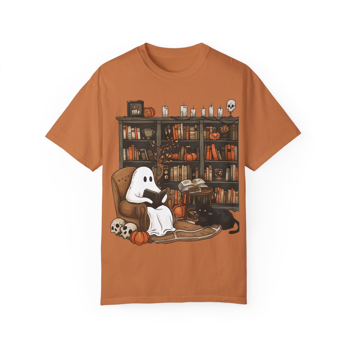 Cozy Ghost Reading T-shirt | Unisex Halloween Apparel
