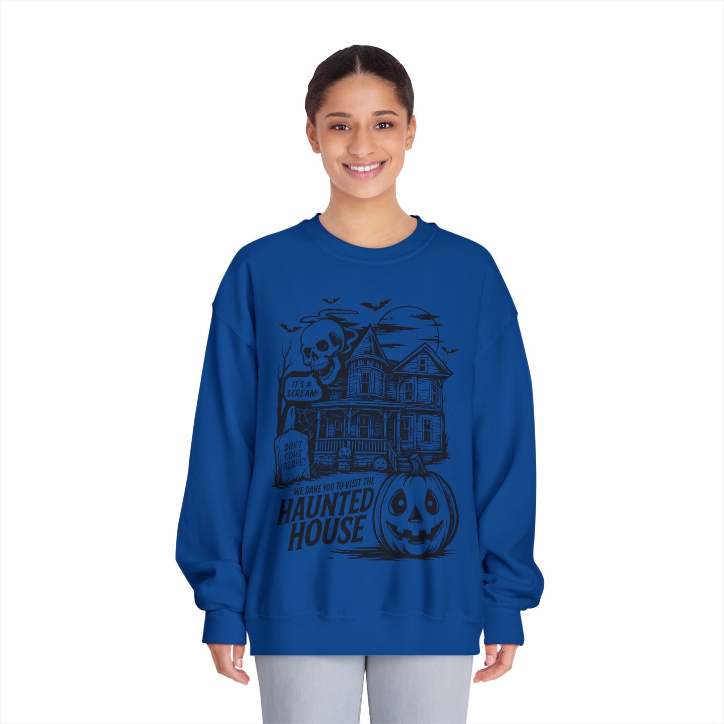 Spooky Haunted House Sweatshirt, Halloween Apparel, Unisex Crewneck, Ghostly Vibes, Cozy Fall Fashion, Halloween Gift