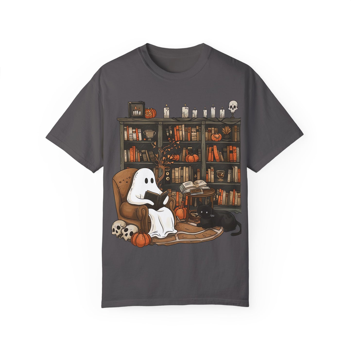 Cozy Ghost Reading T-shirt | Unisex Halloween Apparel