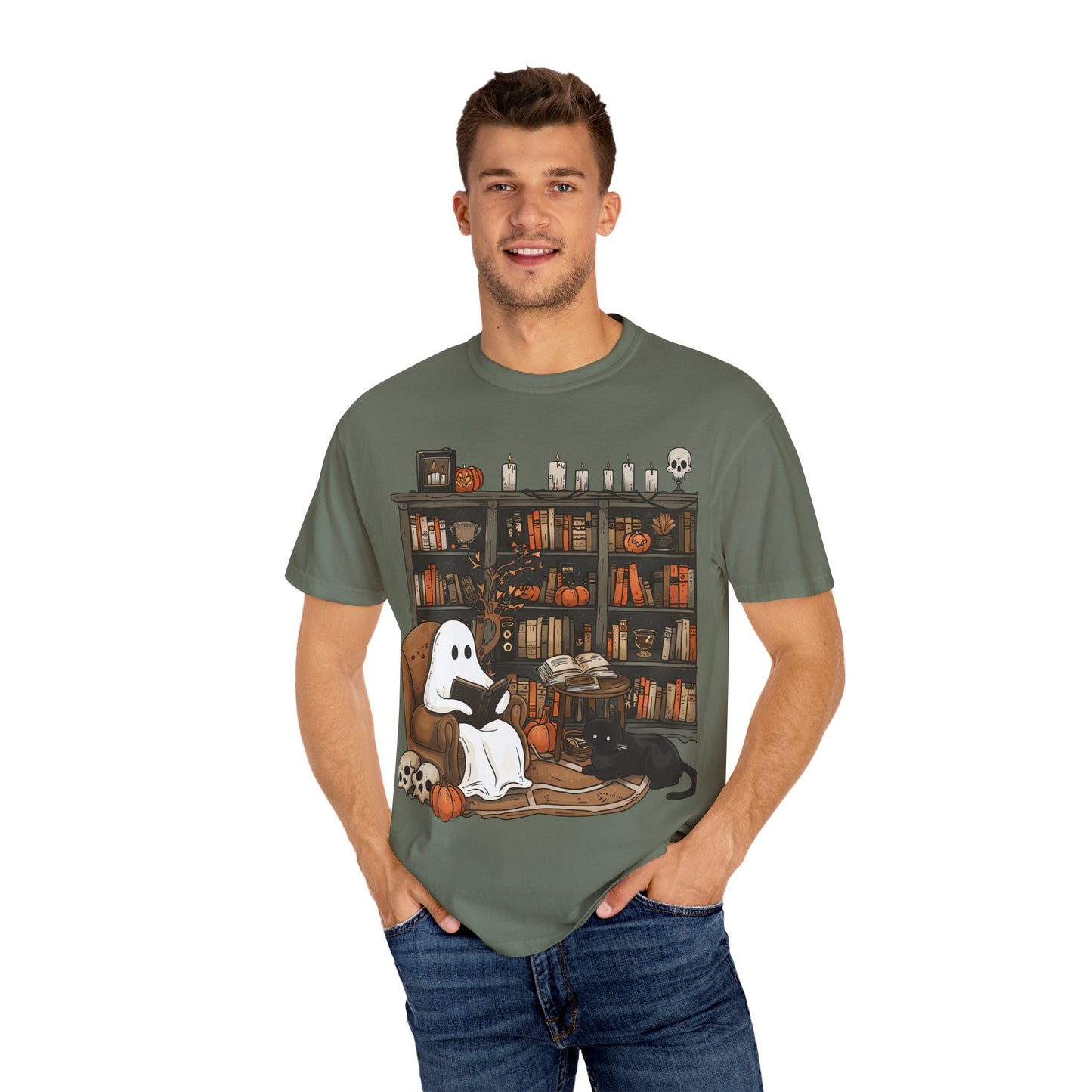 Cozy Ghost Reading T-shirt | Unisex Halloween Apparel