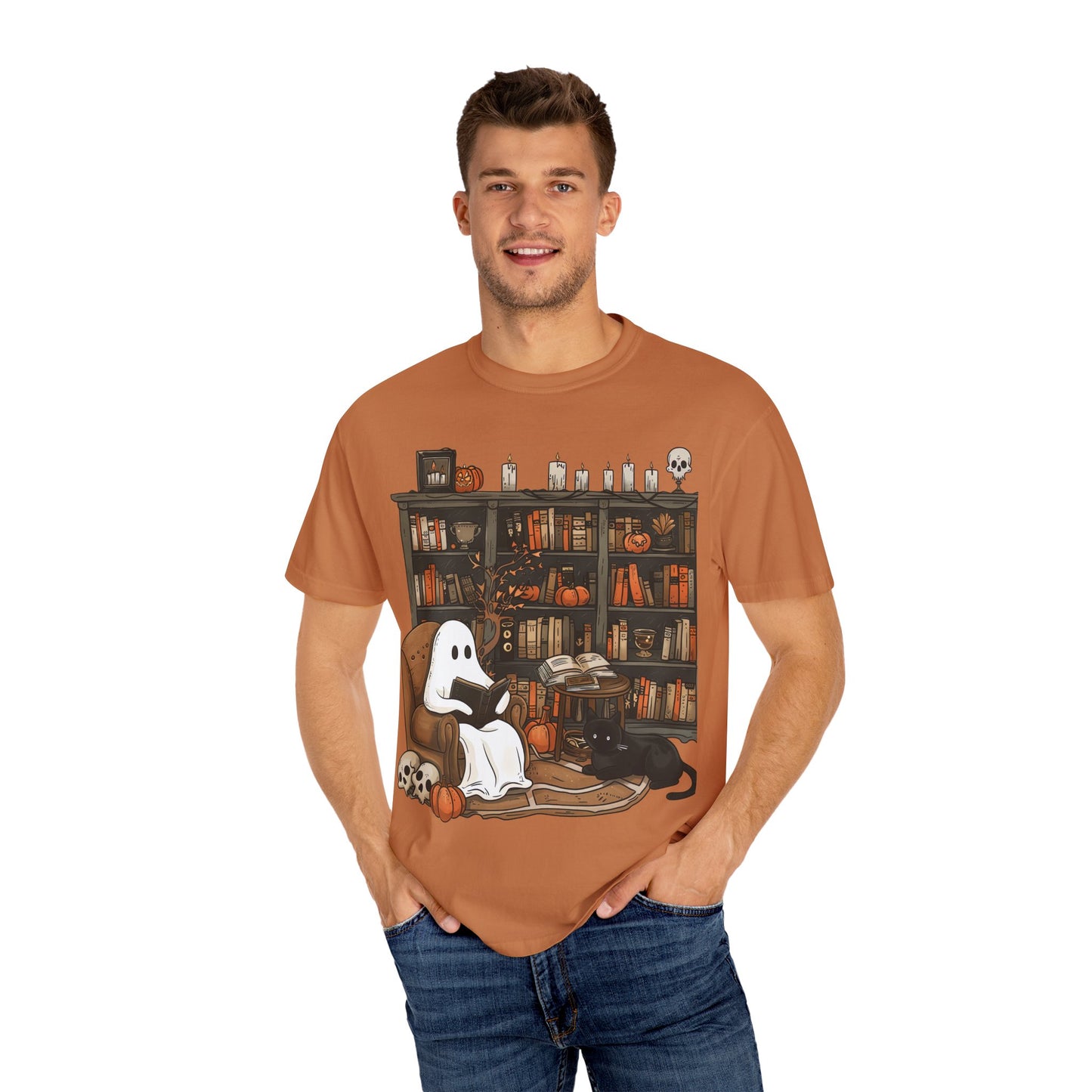 Cozy Ghost Reading T-shirt | Unisex Halloween Apparel