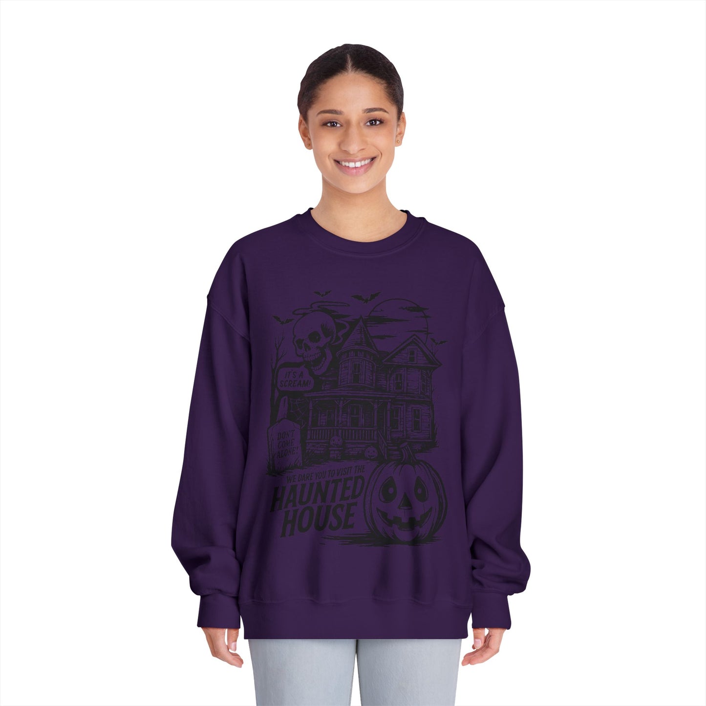 Spooky Haunted House Sweatshirt, Halloween Apparel, Unisex Crewneck, Ghostly Vibes, Cozy Fall Fashion, Halloween Gift
