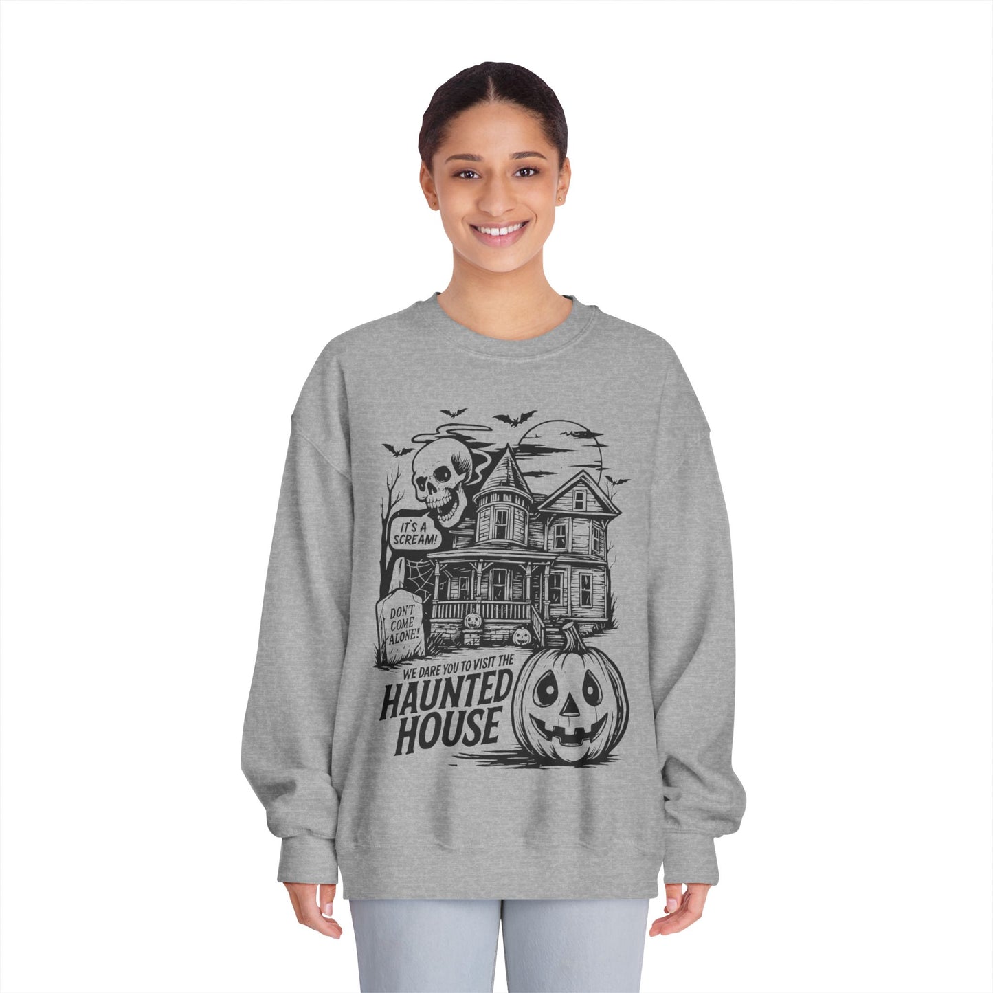 Spooky Haunted House Sweatshirt, Halloween Apparel, Unisex Crewneck, Ghostly Vibes, Cozy Fall Fashion, Halloween Gift