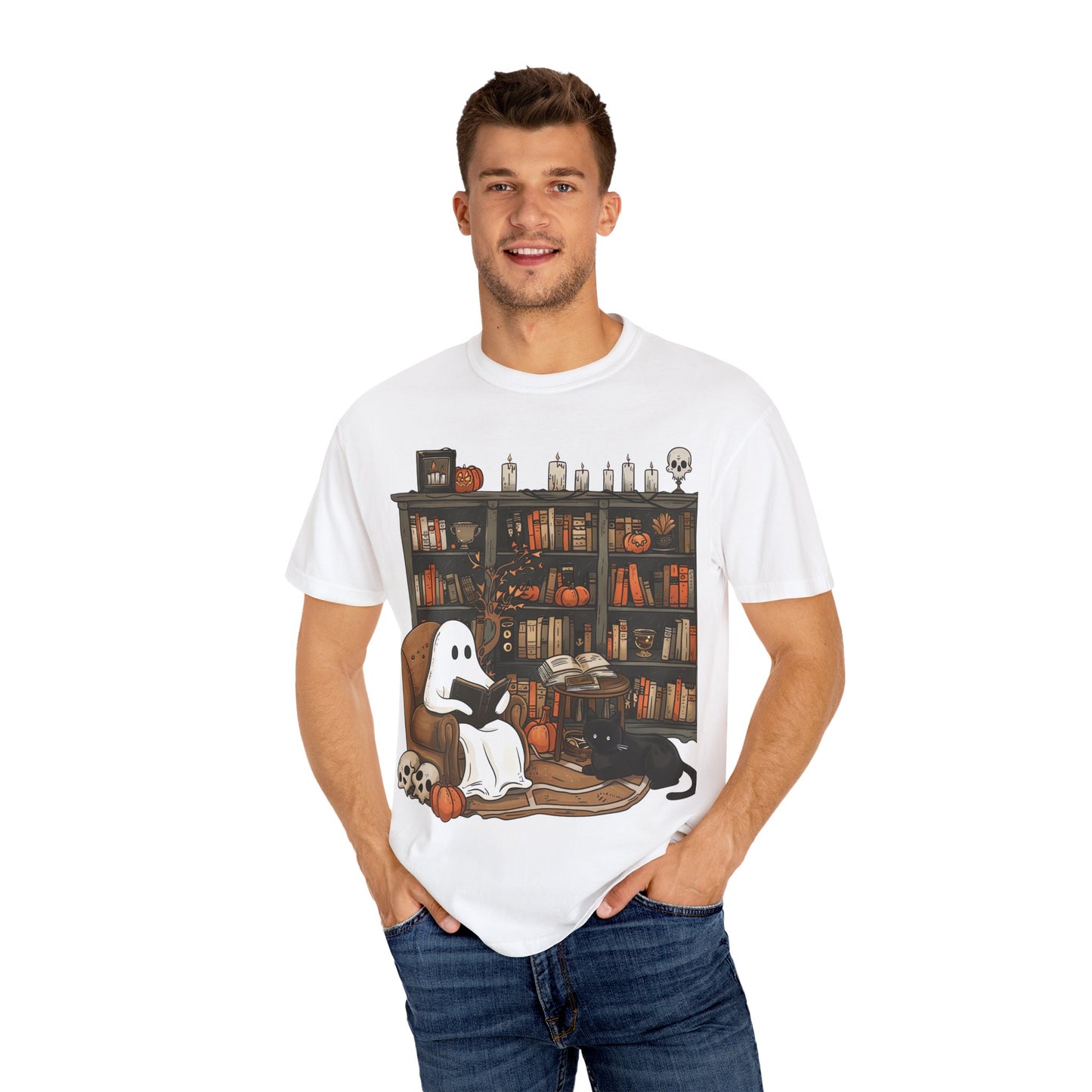Cozy Ghost Reading T-shirt | Unisex Halloween Apparel
