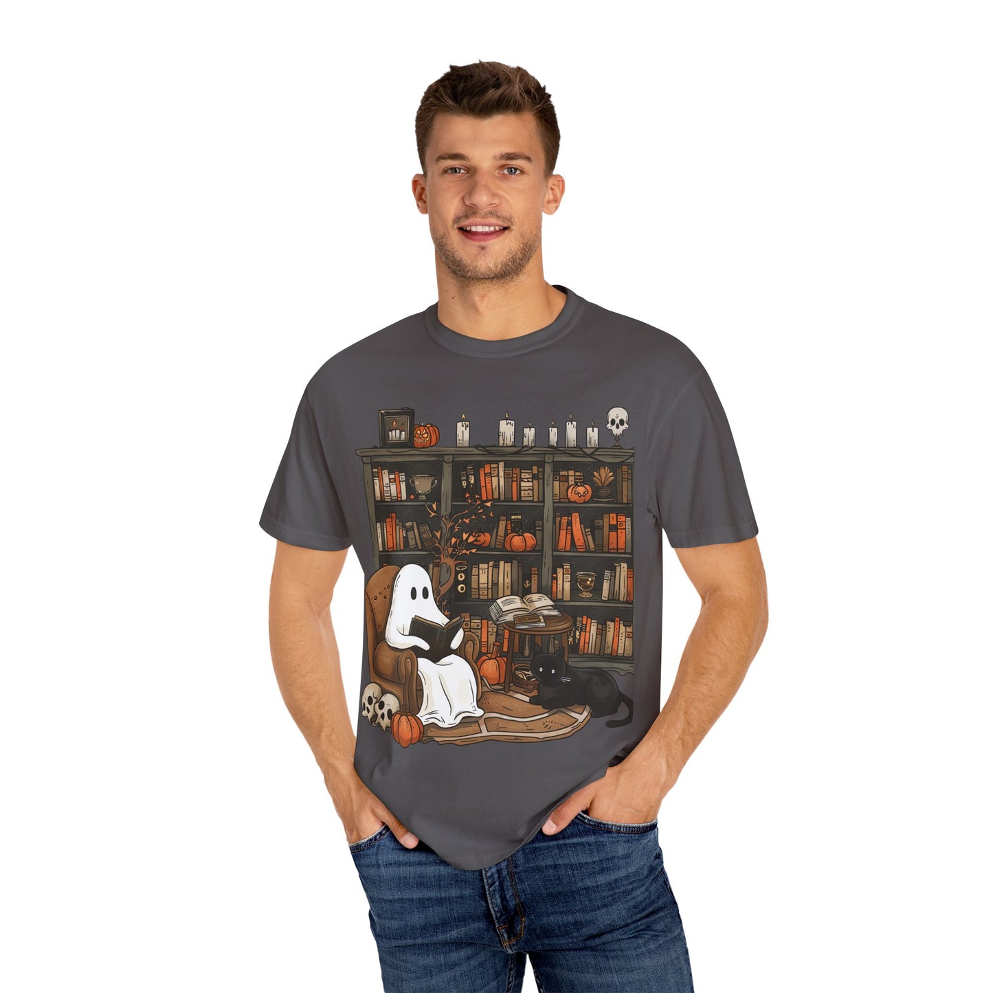 Cozy Ghost Reading T-shirt | Unisex Halloween Apparel