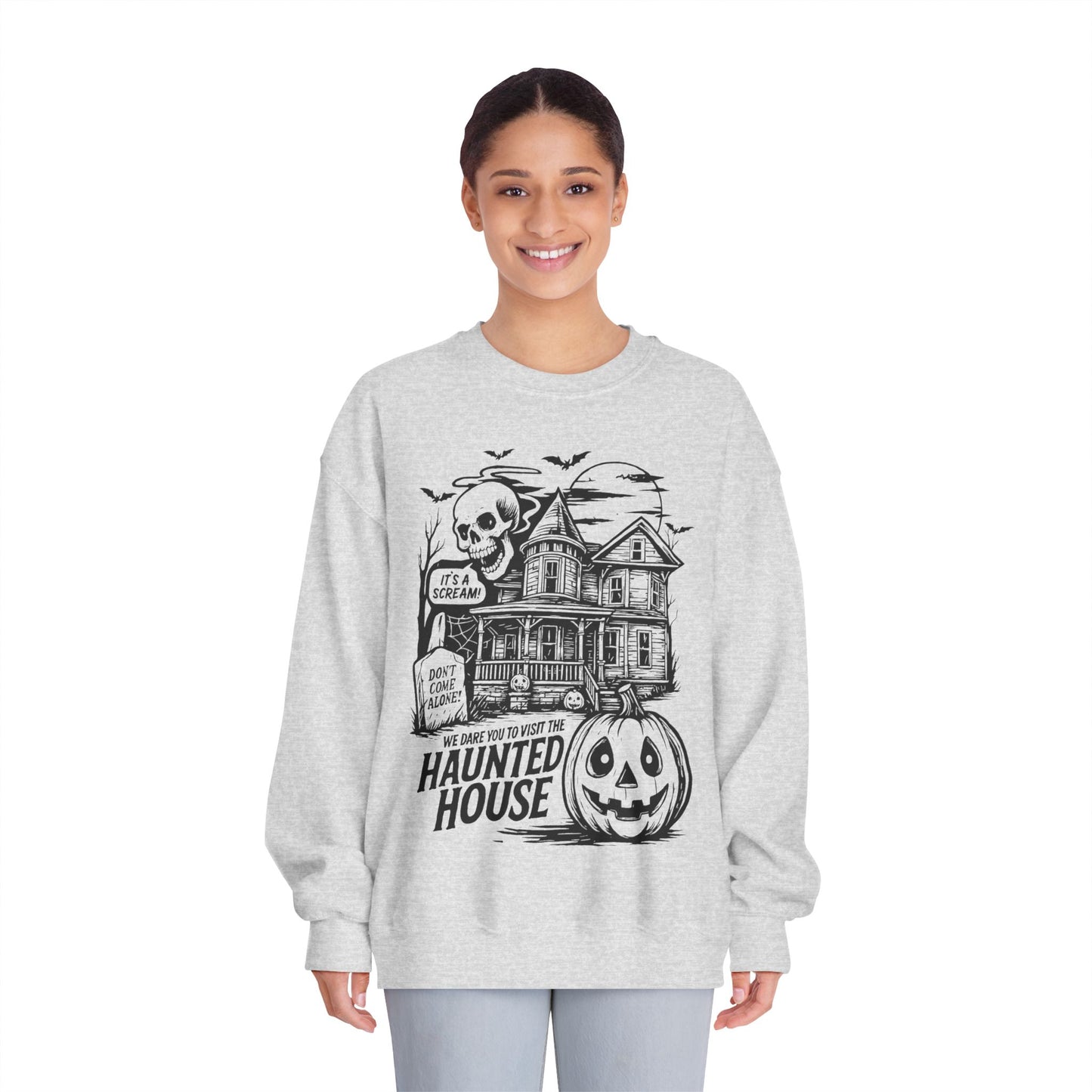 Spooky Haunted House Sweatshirt, Halloween Apparel, Unisex Crewneck, Ghostly Vibes, Cozy Fall Fashion, Halloween Gift