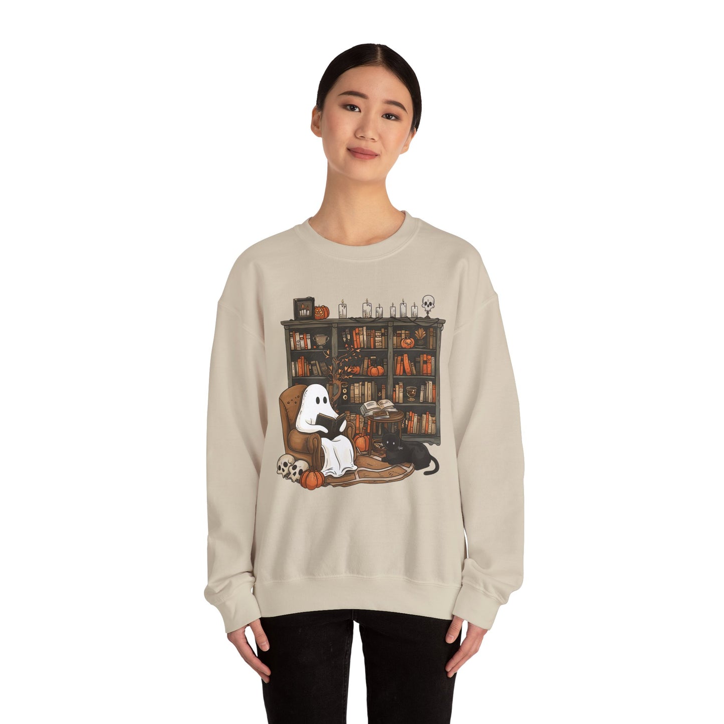 Cozy Ghost Library Crewneck Sweatshirt - Perfect for Halloween and Fall