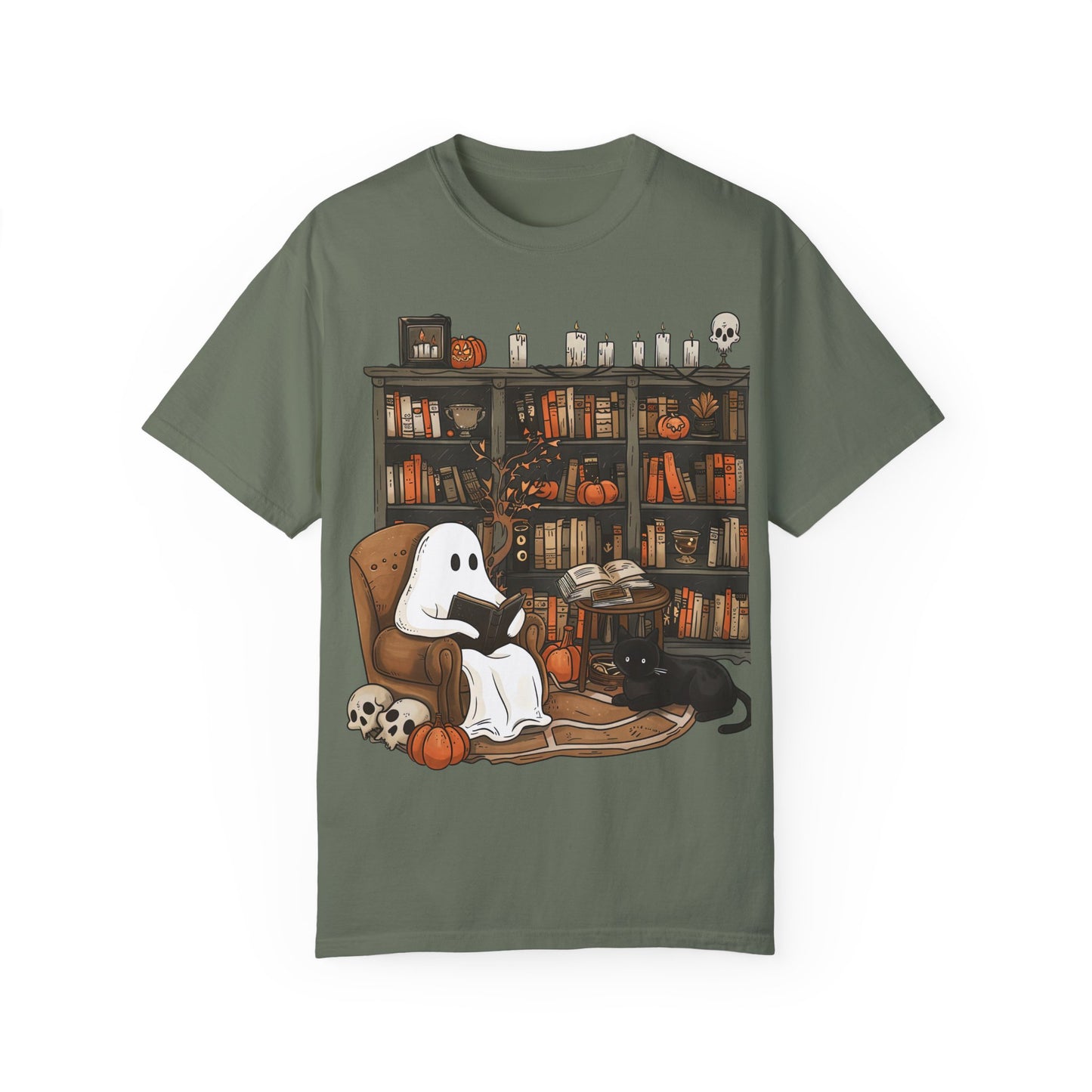 Cozy Ghost Reading T-shirt | Unisex Halloween Apparel