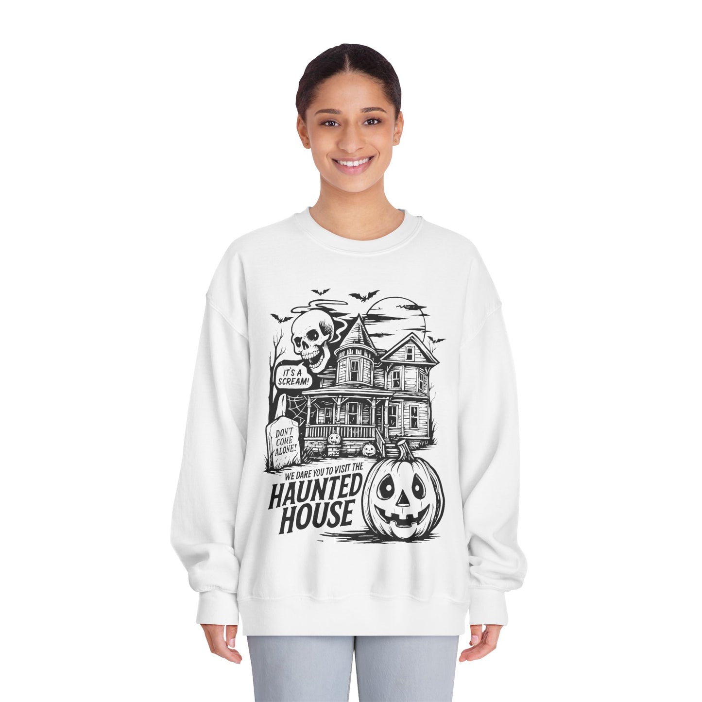 Spooky Haunted House Sweatshirt, Halloween Apparel, Unisex Crewneck, Ghostly Vibes, Cozy Fall Fashion, Halloween Gift