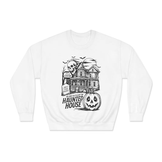 Spooky Haunted House Sweatshirt, Halloween Apparel, Unisex Crewneck, Ghostly Vibes, Cozy Fall Fashion, Halloween Gift
