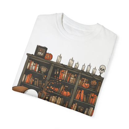 Cozy Ghost Reading T-shirt | Unisex Halloween Apparel