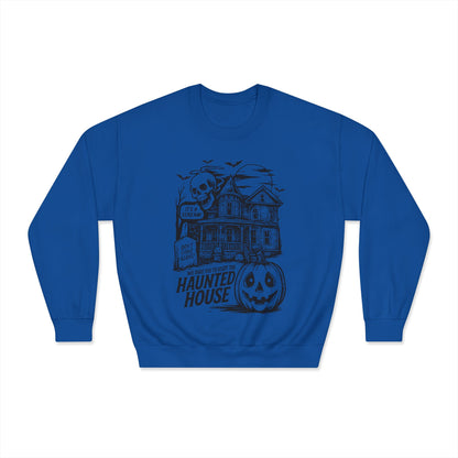 Spooky Haunted House Sweatshirt, Halloween Apparel, Unisex Crewneck, Ghostly Vibes, Cozy Fall Fashion, Halloween Gift