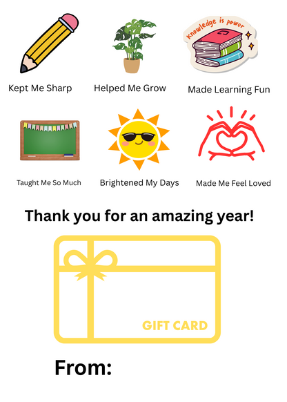 TEACHER END OF YEAR GIFT CARDS PACK