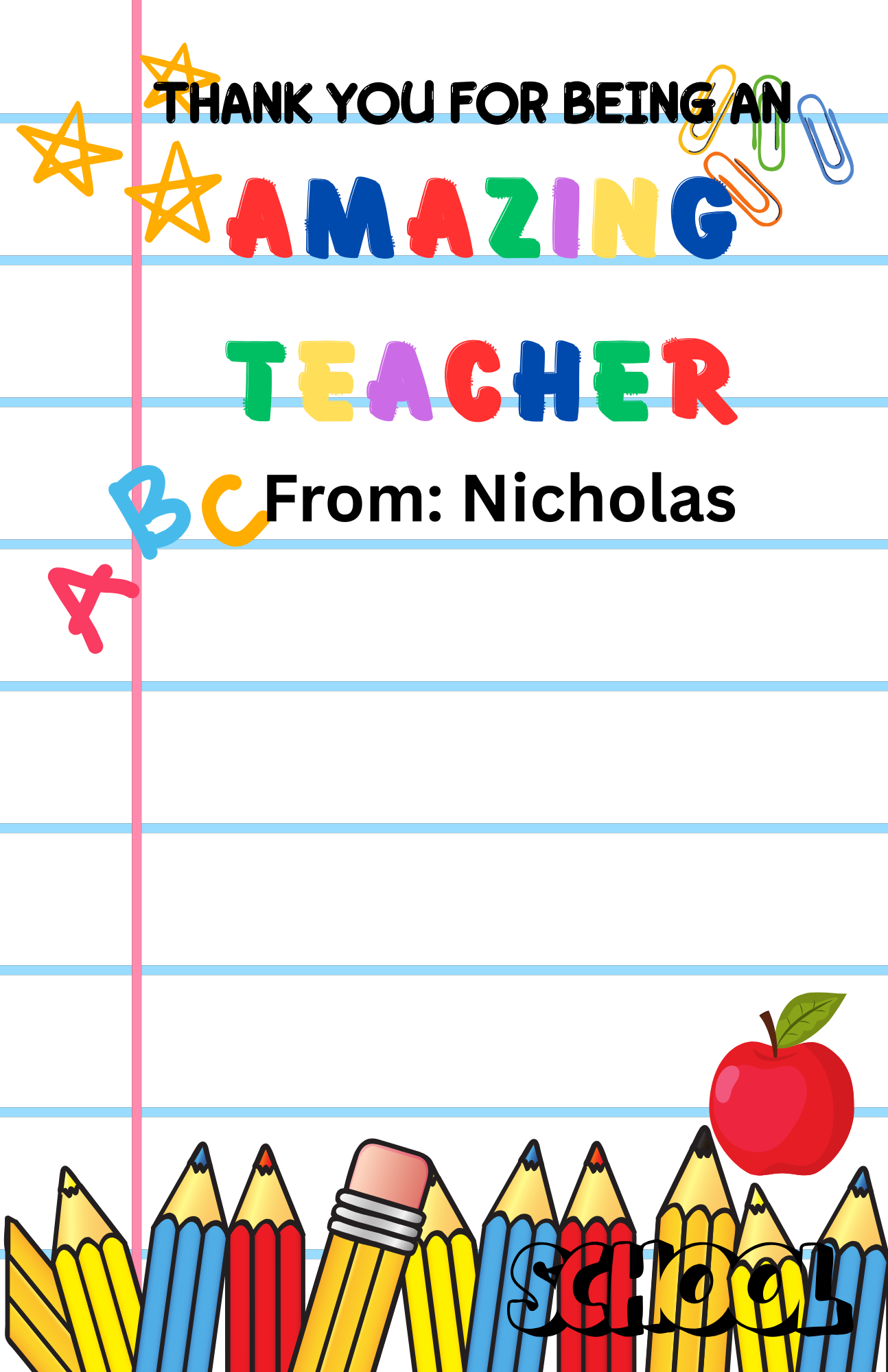 TEACHER APPRECIATION LARGE GIFT CARD