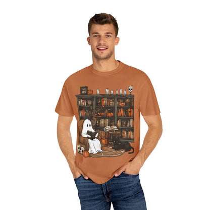 Cozy Ghost Reading T-shirt | Unisex Halloween Apparel