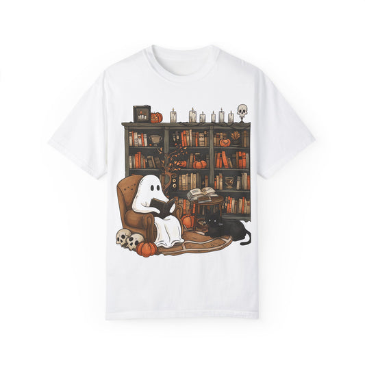 Cozy Ghost Reading T-shirt | Unisex Halloween Apparel