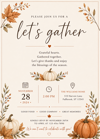 Let's Gather Invitation | Editable Thanksgiving Invitation | Digital Download