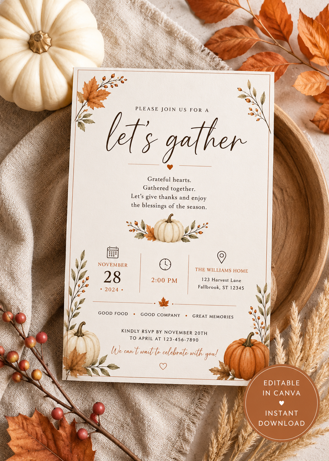 Let's Gather Invitation | Editable Thanksgiving Invitation | Digital Download