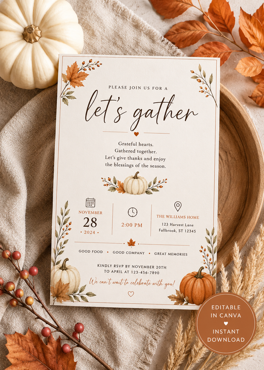 Let's Gather Invitation | Editable Thanksgiving Invitation | Digital Download